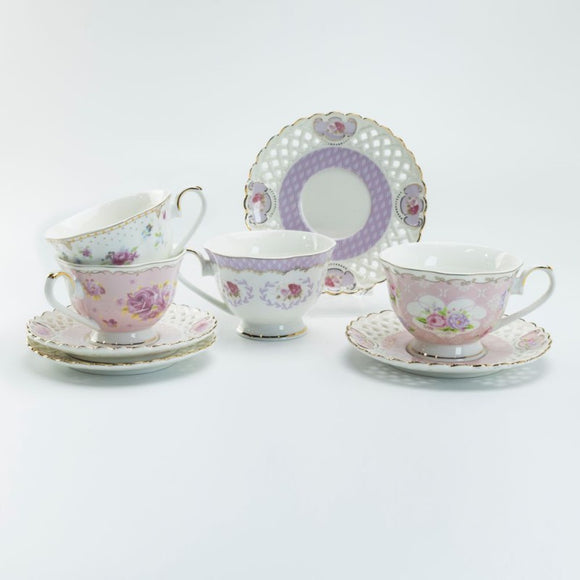Pink and Lavender Porcelain Assorted Teacups - Set of 4