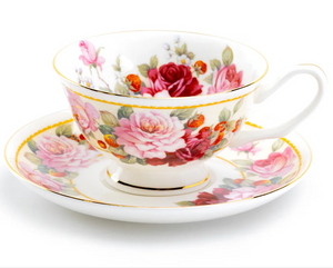 Strawberry and Peony Individual Teacup and Saucer - A Merry Moments Gift