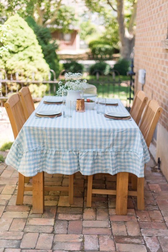 Square Ruffled Light Blue Gingham Tablecloth - 60