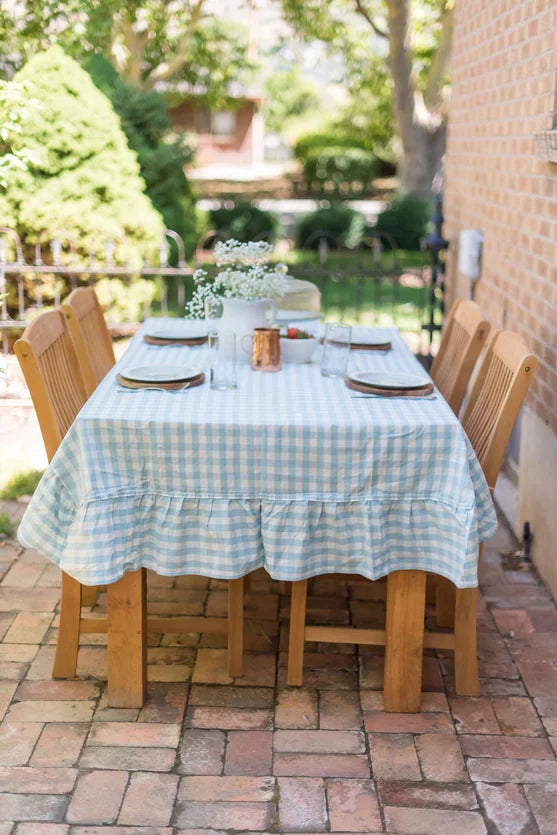 Ruffled Light Blue Gingham Tablecloth - 60