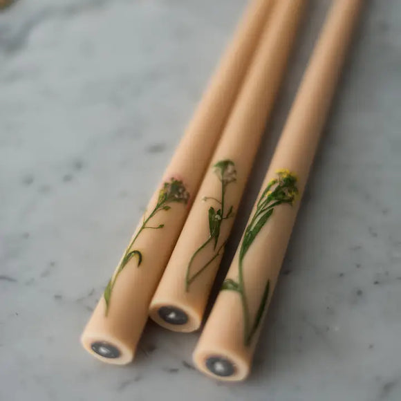 Floral Tapered Beeswax Candles - set of 3
