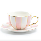 Tickled Pink - Pink and White Striped Porcelain Teacup and Saucer - NEW!