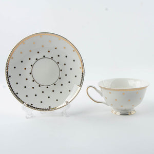 Glamour and Glitz White Teacups with Gold Polka Dots - set of four - NEW!