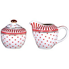 Festive Red & White Sugar Bowl and Cream Pitcher