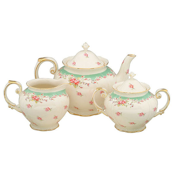 Green Vintage Rose 11 Pc Tea Set - Teapot, Sugar and Cream Pitcher and Teacups