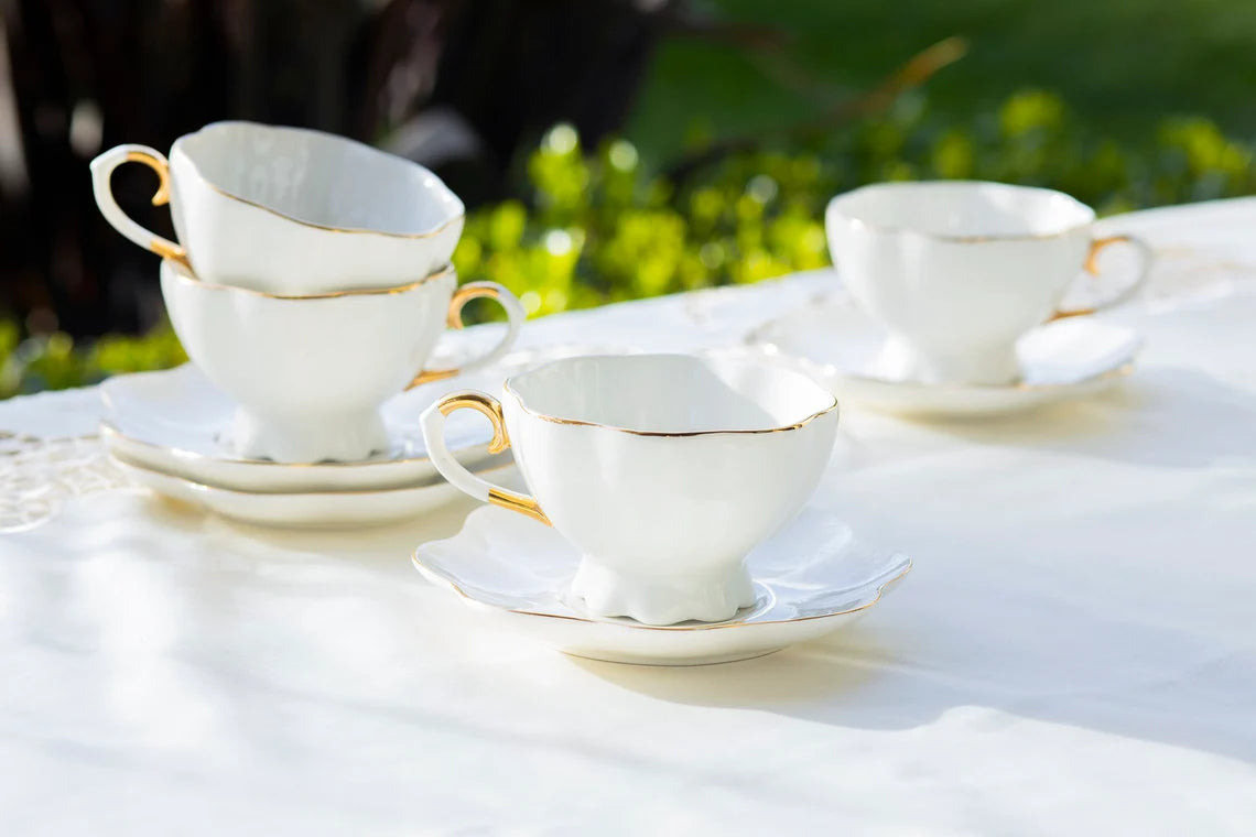 Simply Elegant White and Gold Fluted Teacups - set of four